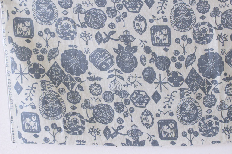 リネンプリント 花図案の吹き寄 グリーン